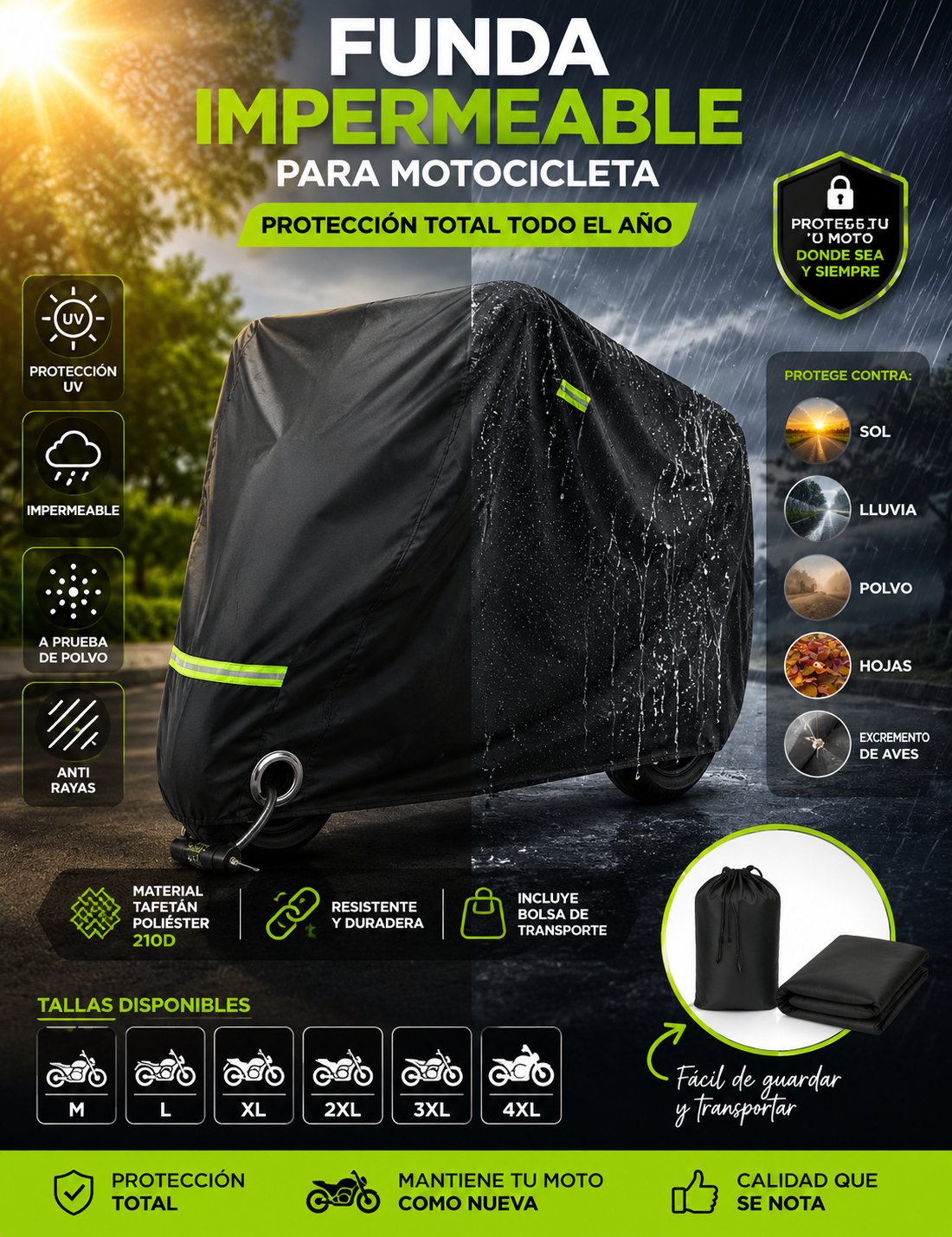 Funda Impermeable para Moto con Protección UV – Cubierta Resistente de Poliéster Grueso para Motocicleta y Bicicleta