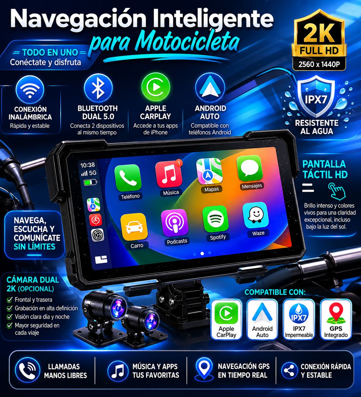 Pantalla Portátil Jansite 5/7” para Moto – CarPlay y Android Auto Inalámbrico con GPS, DVR y Resistencia IPX7