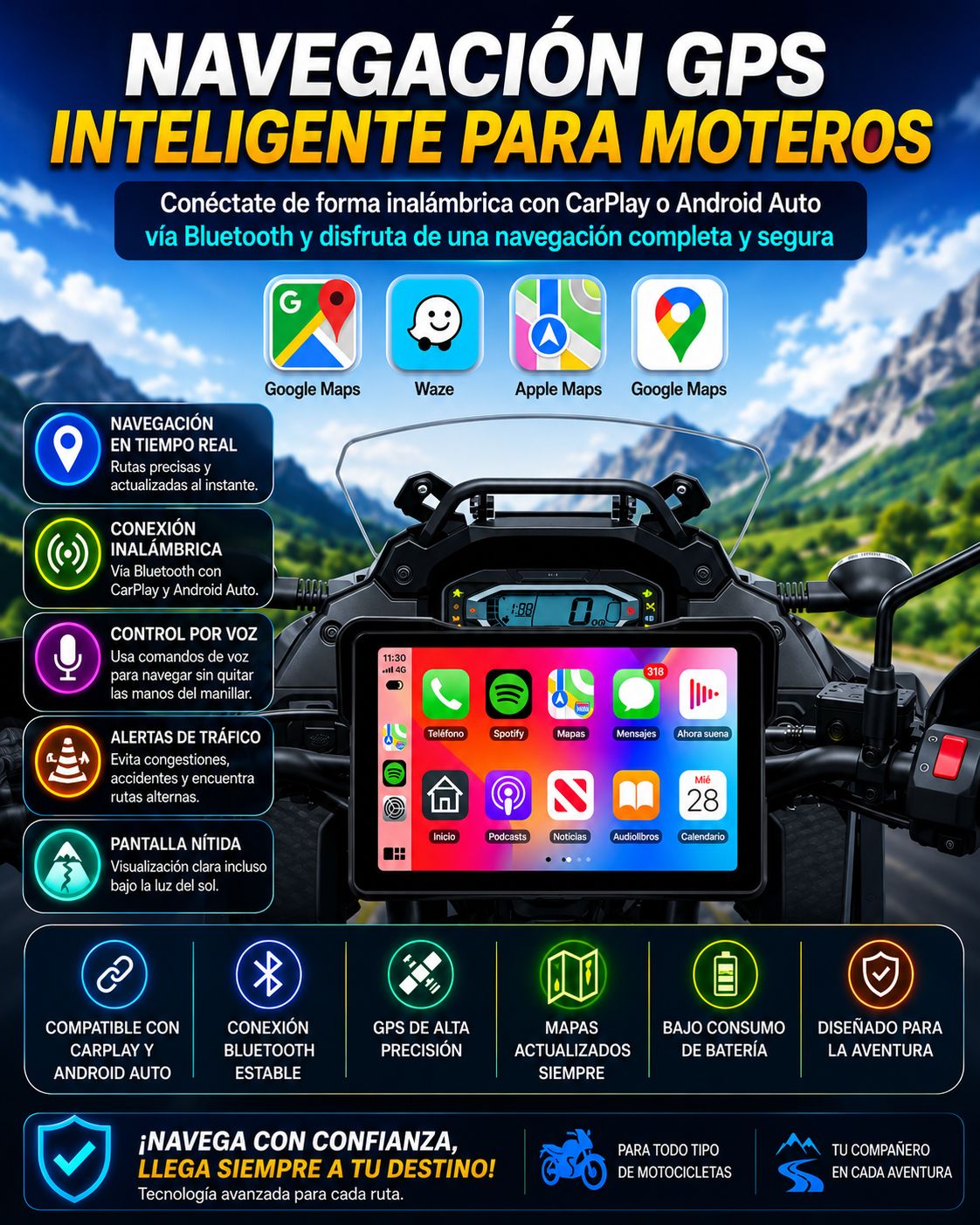 Pantalla Portátil Jansite 5/7” para Moto – CarPlay y Android Auto Inalámbrico con GPS, DVR y Resistencia IPX7