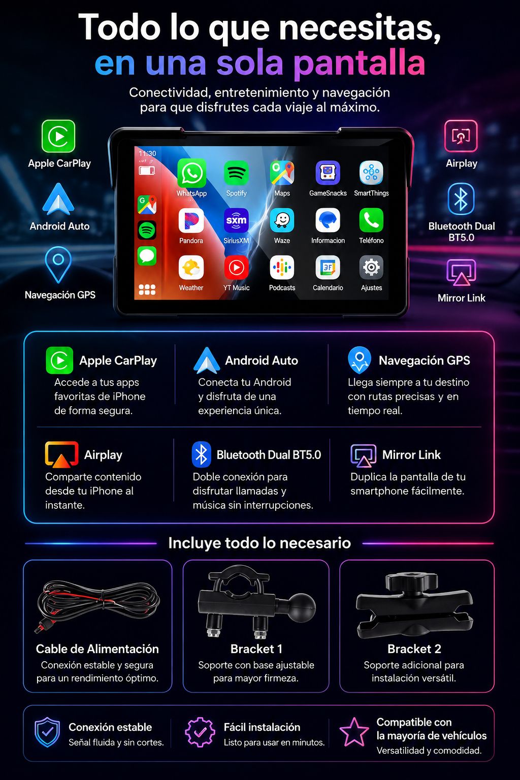 Pantalla Portátil Jansite 5/7” para Moto – CarPlay y Android Auto Inalámbrico con GPS, DVR y Resistencia IPX7