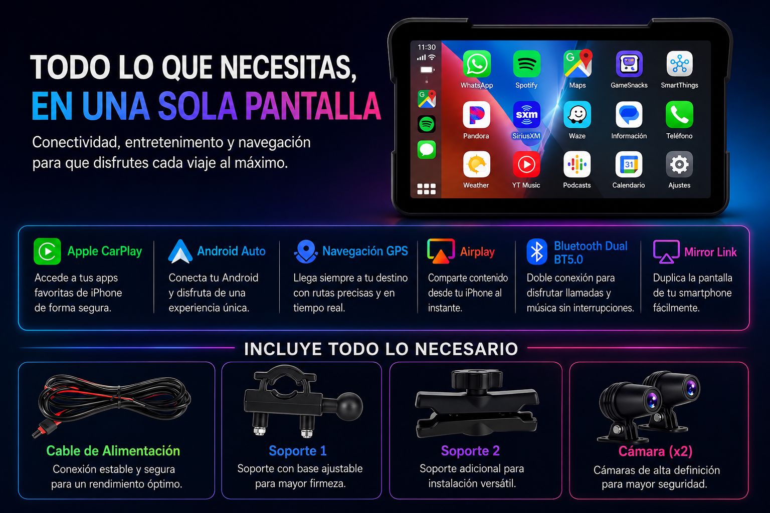 Pantalla Portátil Jansite 5/7” para Moto – CarPlay y Android Auto Inalámbrico con GPS, DVR y Resistencia IPX7