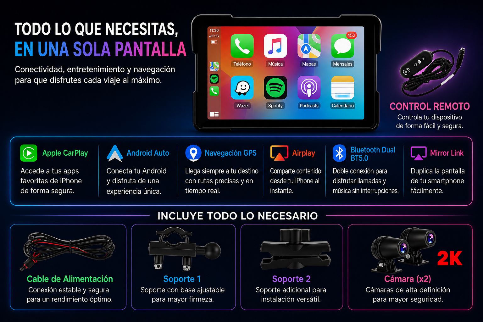 Pantalla Portátil Jansite 5/7” para Moto – CarPlay y Android Auto Inalámbrico con GPS, DVR y Resistencia IPX7