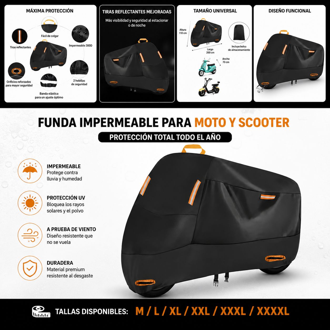 Funda Impermeable para Moto con Protección UV – Cubierta Resistente de Poliéster Grueso para Motocicleta y Bicicleta