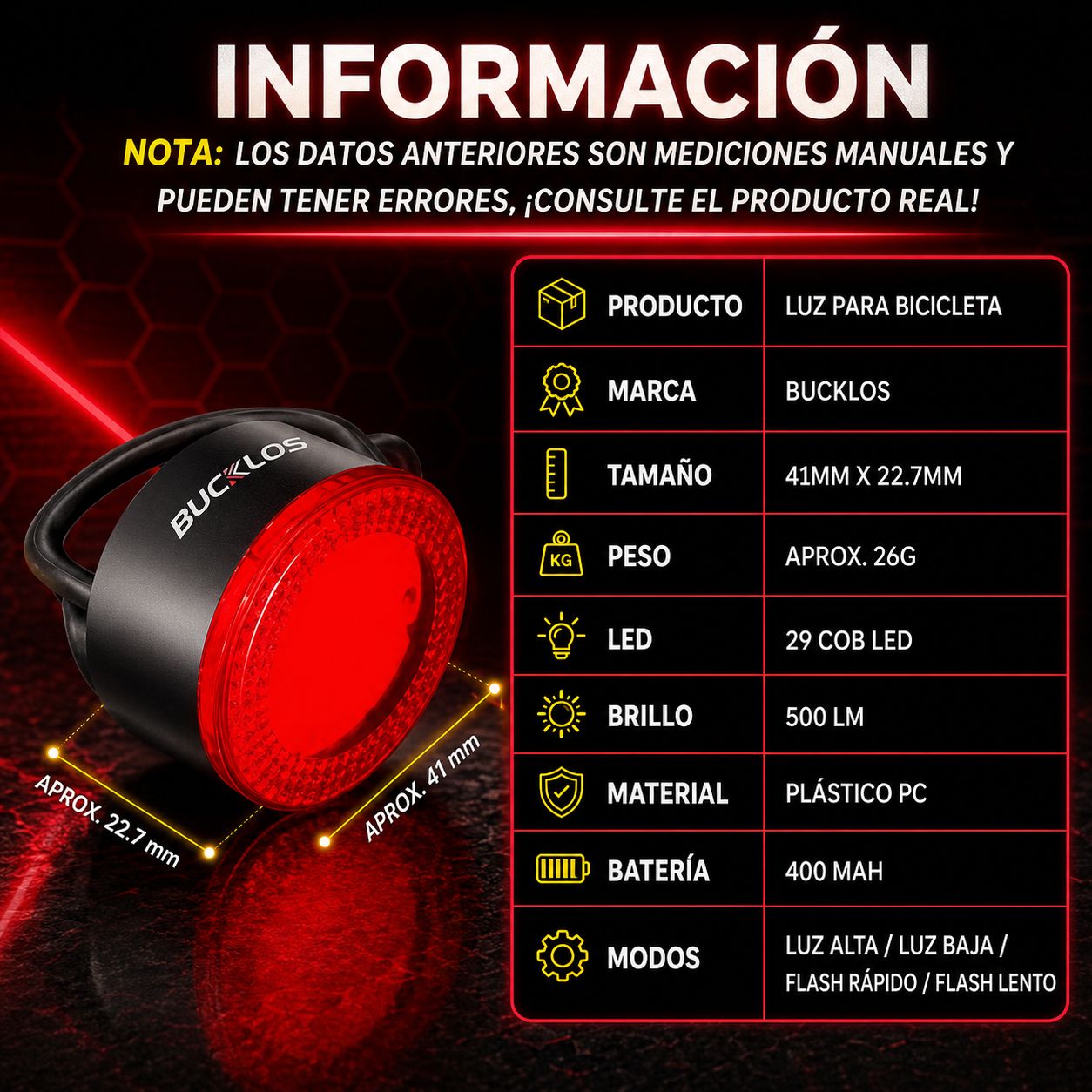 Juego de Luces LED USB para Bicicleta BUCKLOS COB – Delantera y Trasera Recargable de Seguridad